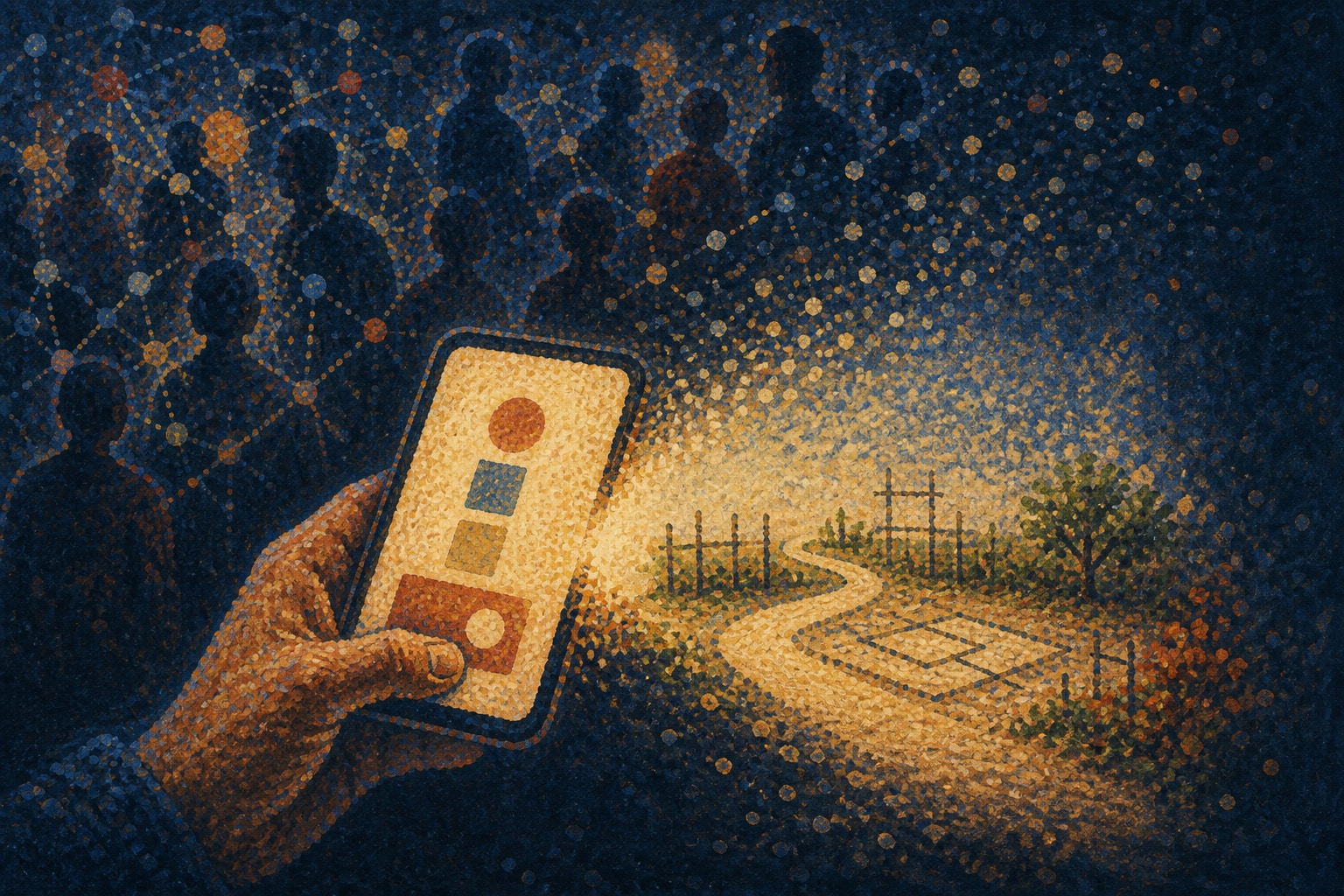 Pointillist illustration of a civic prompt opening into an unfinished path