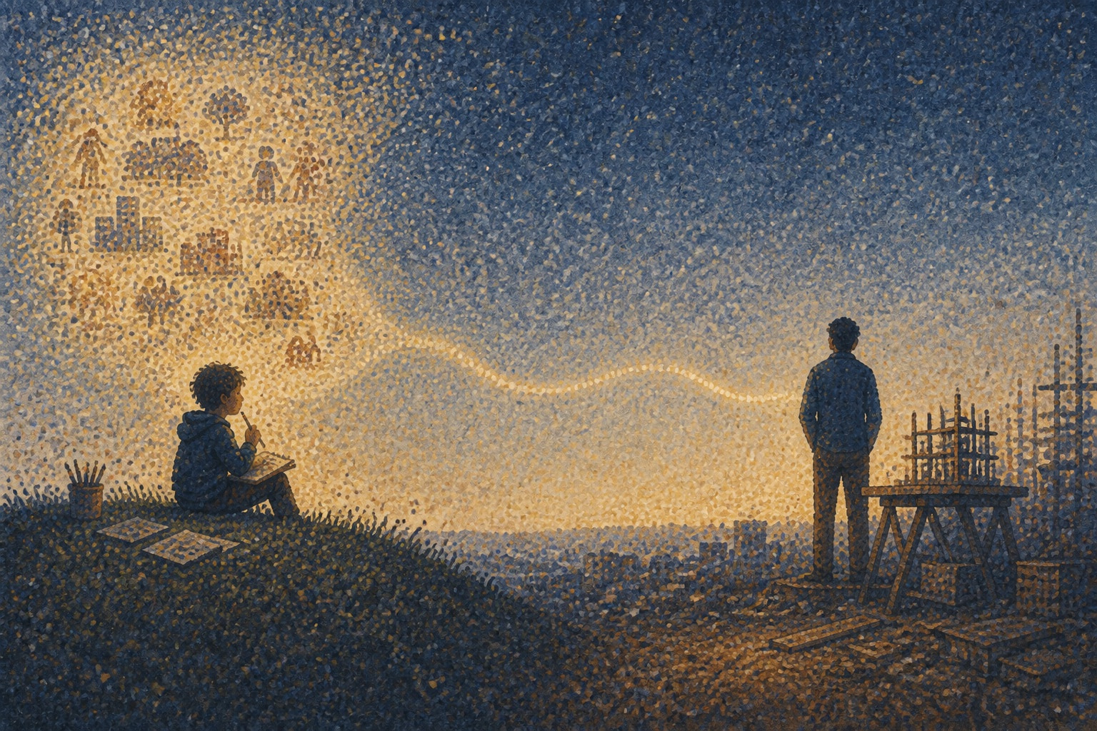 Pointillist illustration of a younger self connected to the person you are becoming