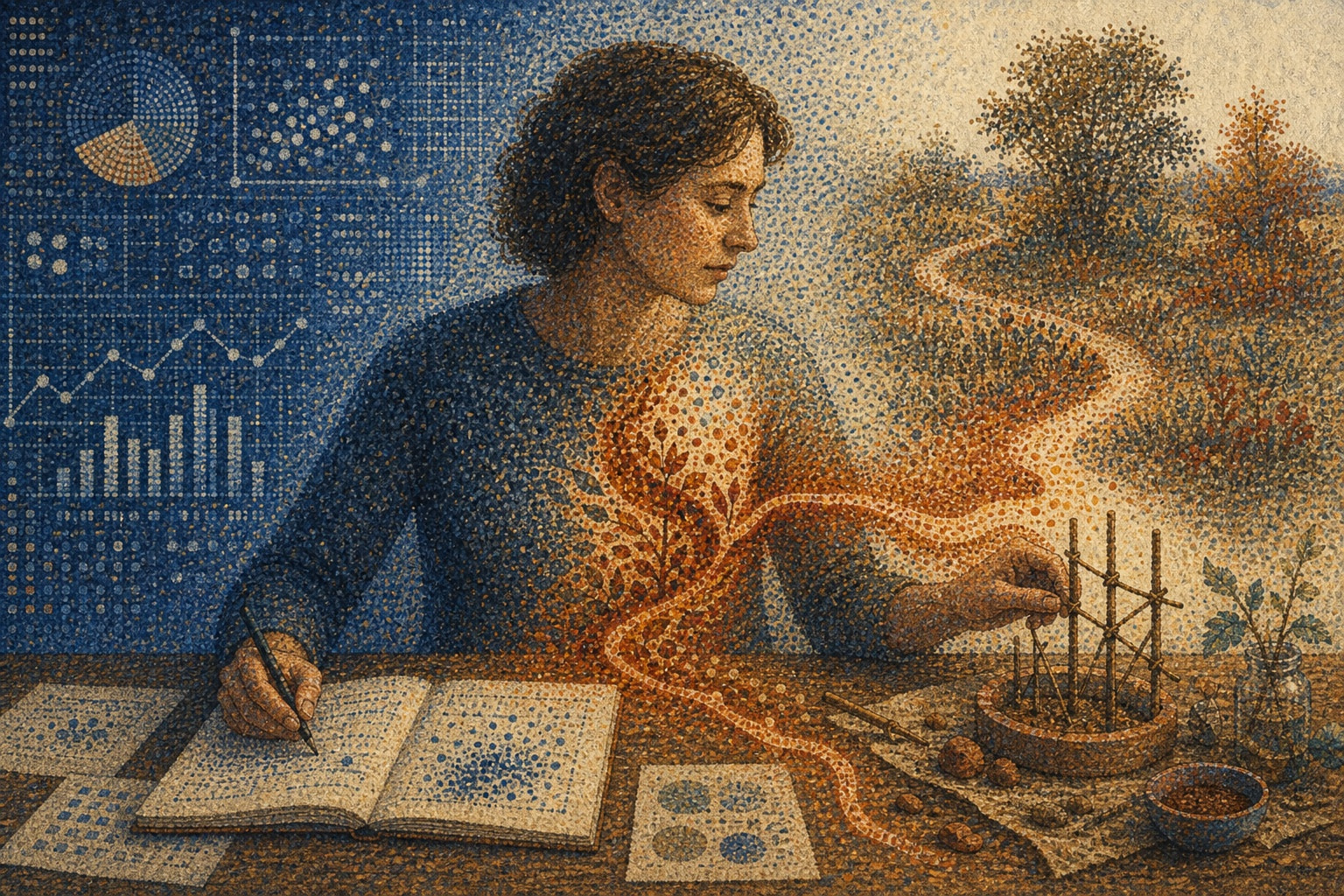 Pointillist illustration of measured data dissolving into an intuitive path