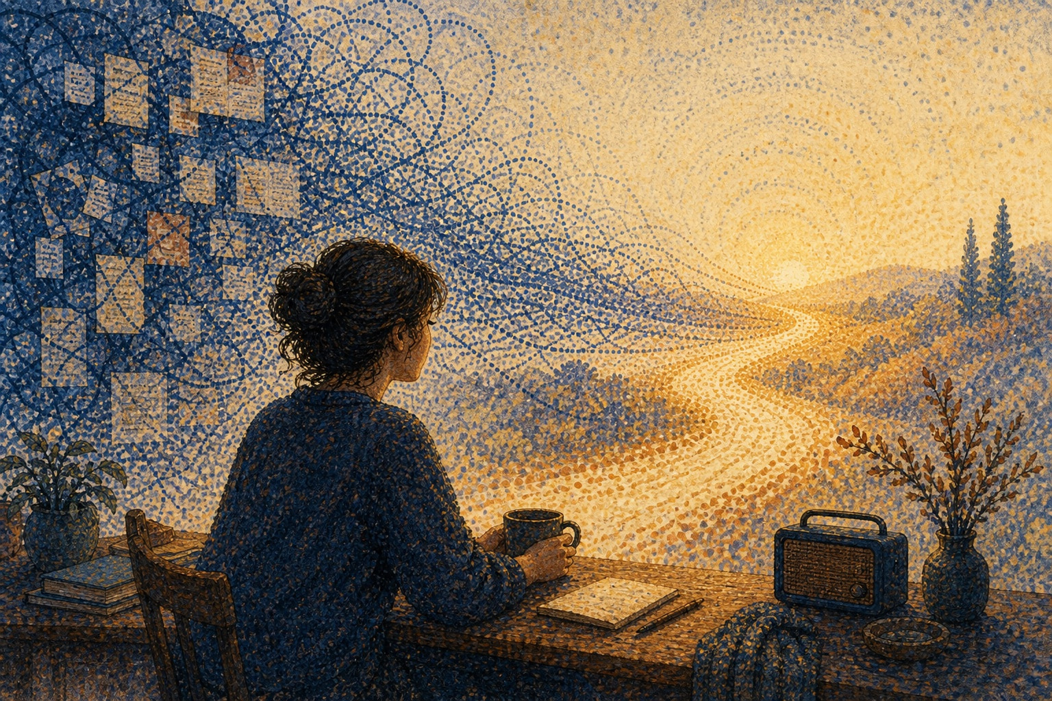 Pointillist illustration of a tangled desk becoming a clear path forward