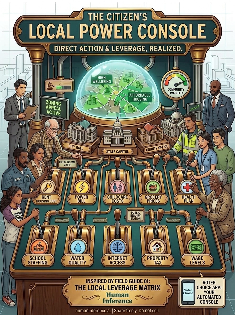 Illustration of a citizen's local power console, showing levers for rent, power, water, and other local issues