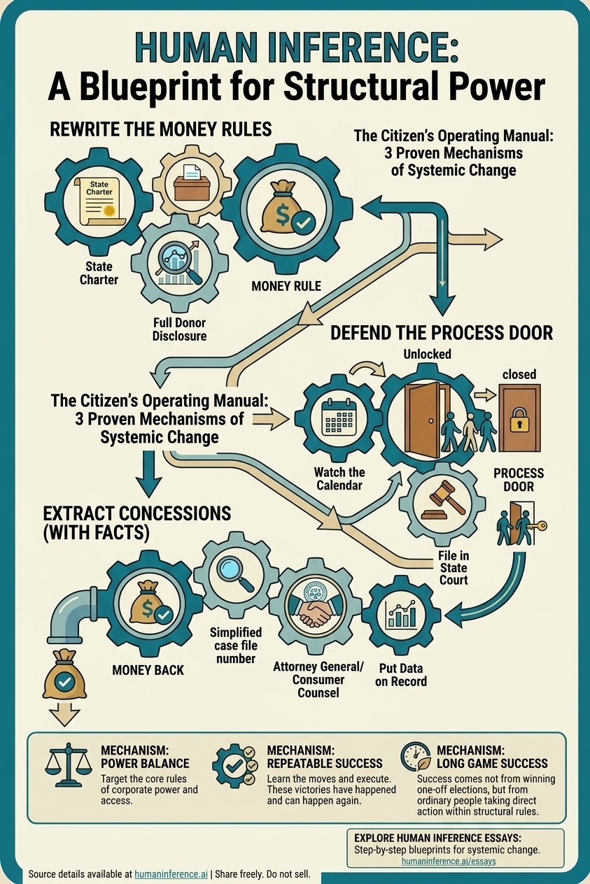 Illustrated blueprint diagram showing the three mechanisms of structural change: money rules, process doors, and concessions