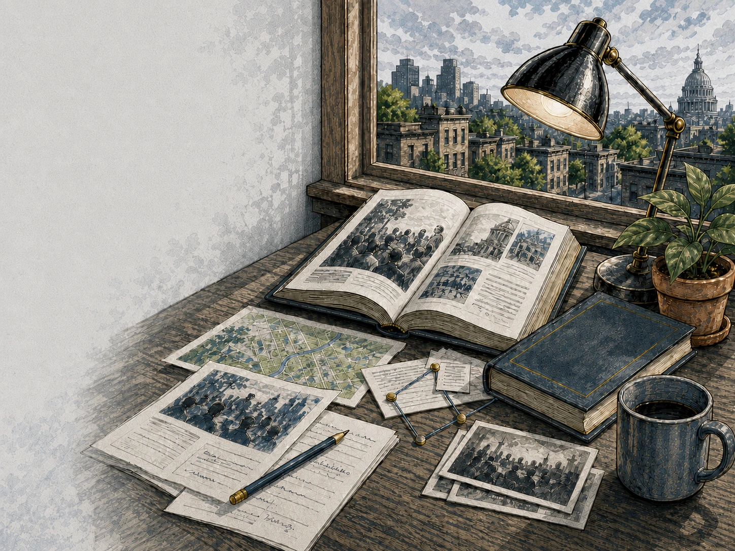 A reading stack: books piled on a desk with bookmarks and margin notes