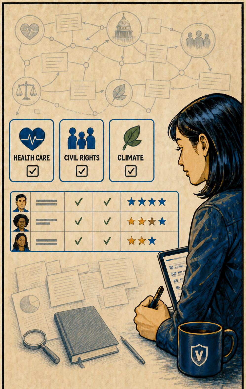 Issues chosen and a scorecard filling in on screen