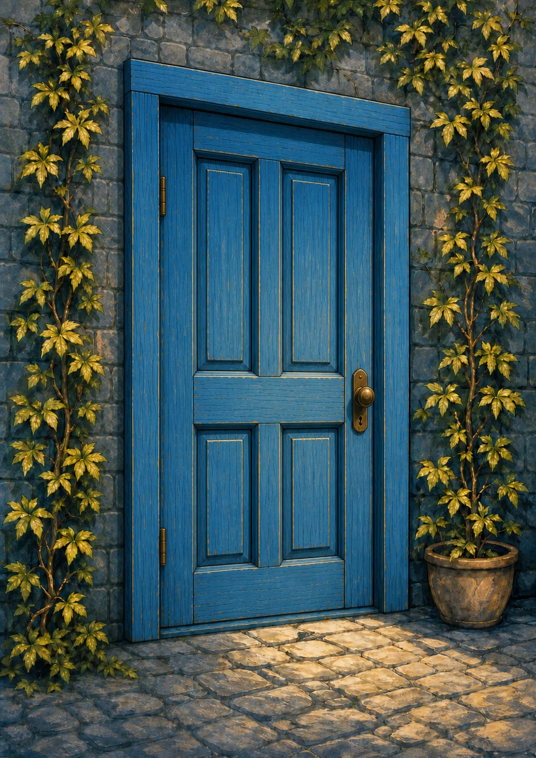 A closed blue door with ivy on stone.
