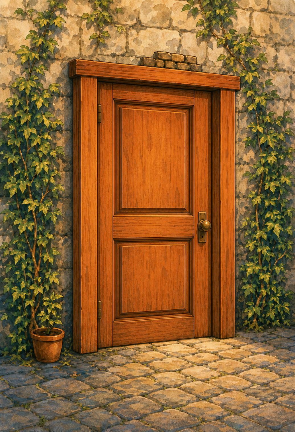 A closed warm orange door with ivy on stone.