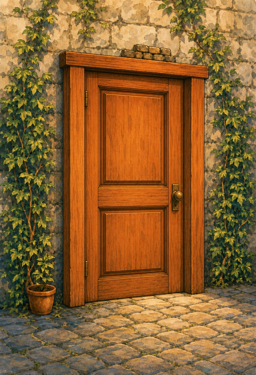 A closed warm orange door with ivy on stone.