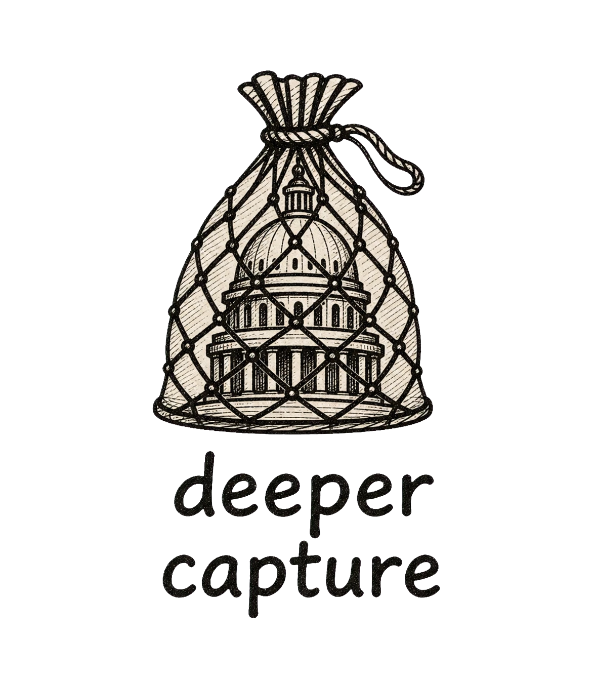 Icon of a capitol building caught in a net representing deeper regulatory capture.