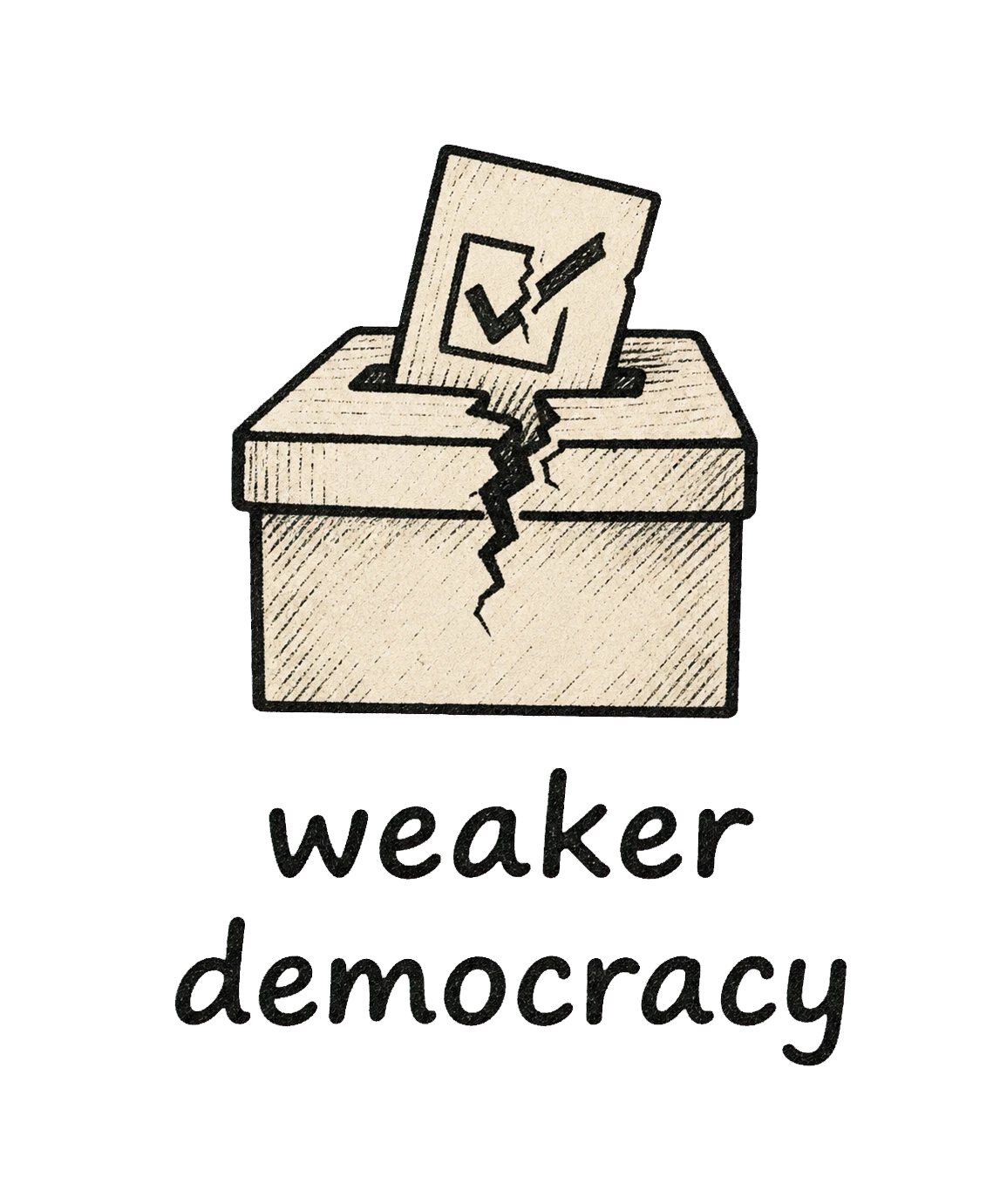 Icon of a cracked ballot box representing weaker democracy.