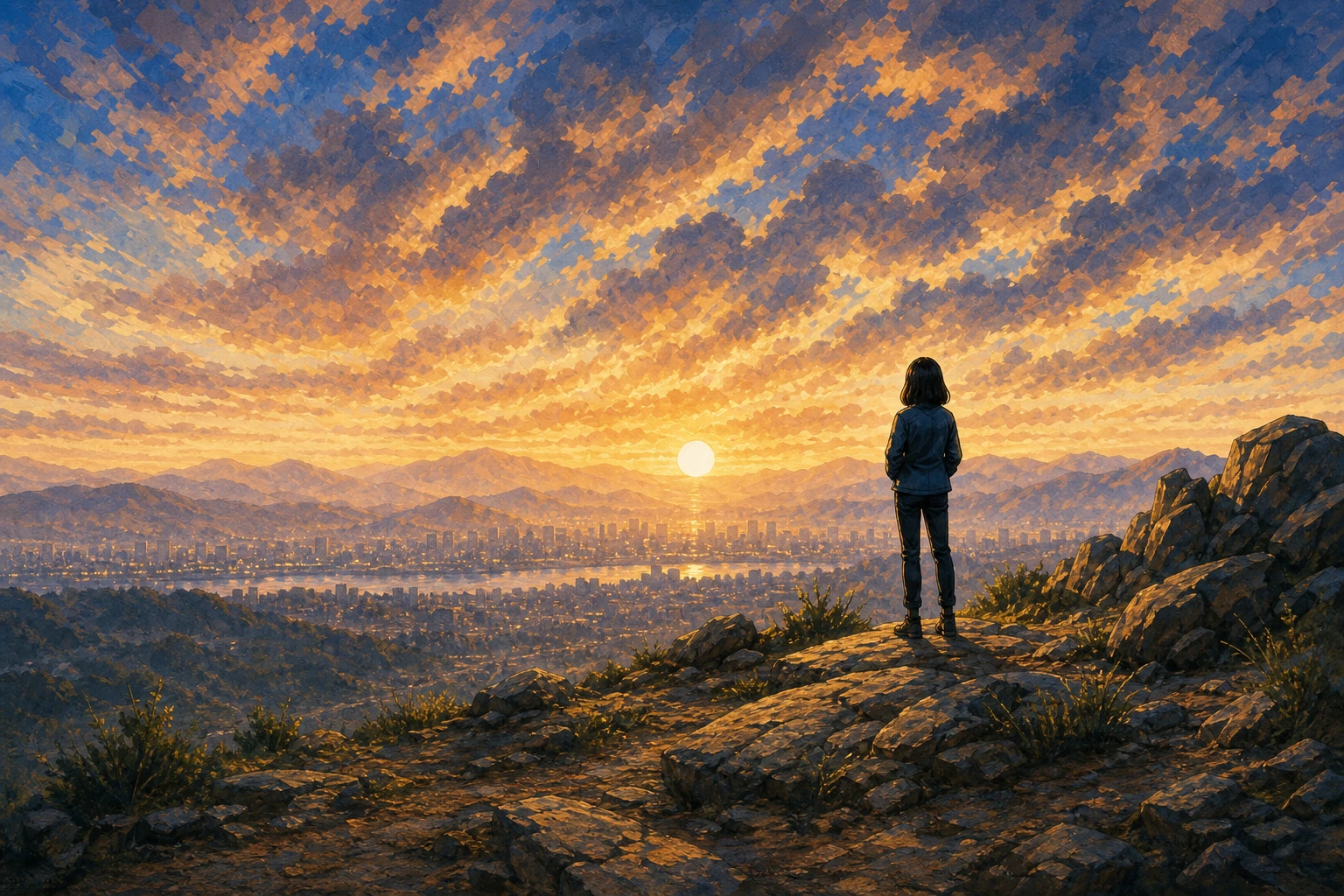 She stands at a ridge with the sun low, the valley stretching ahead.